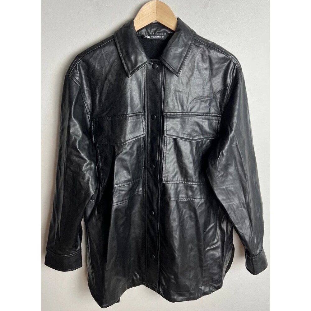 Zara Black Faux Leather Oversized Shacket Shirt Jacket Size XS Women’s
